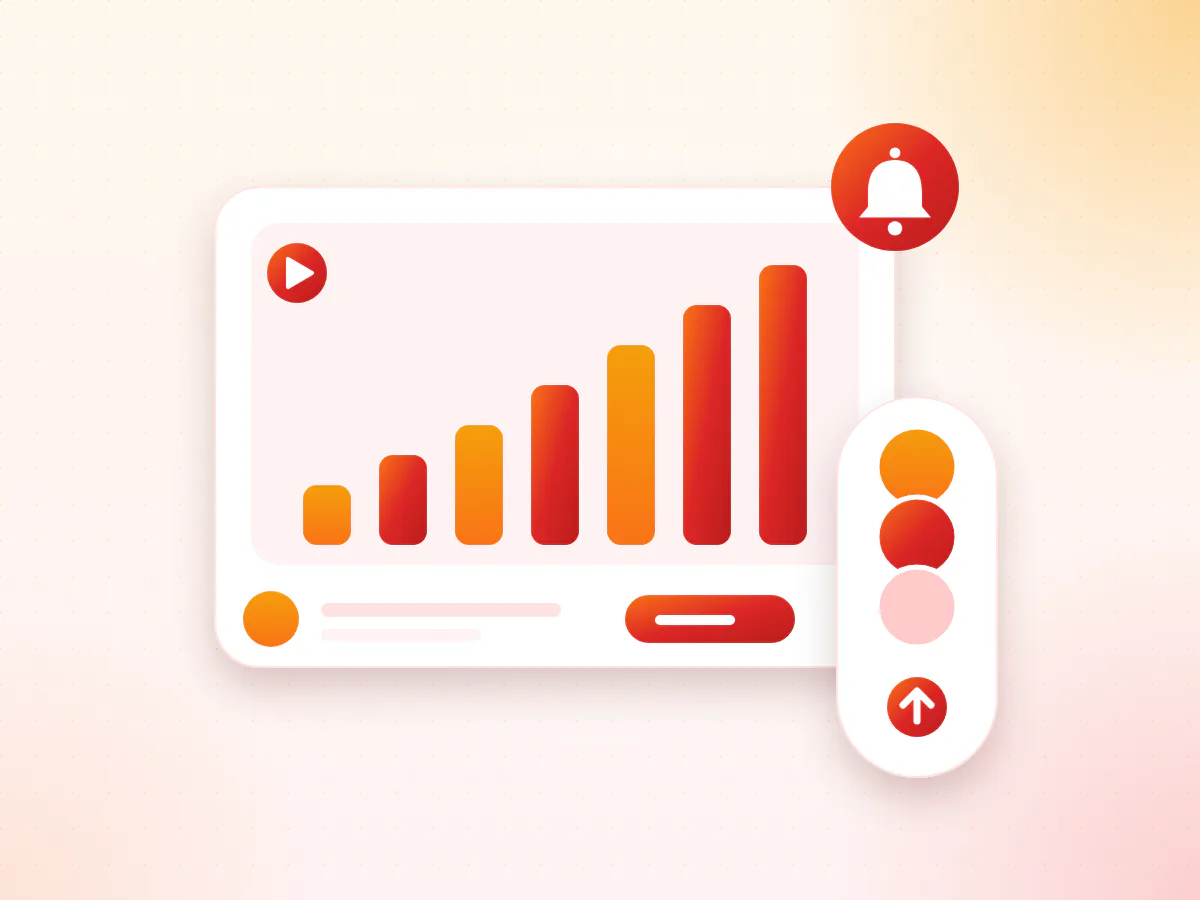 Illustration of a widescreen video card with rising view bars, a notification bell and a stack of subscriber avatars